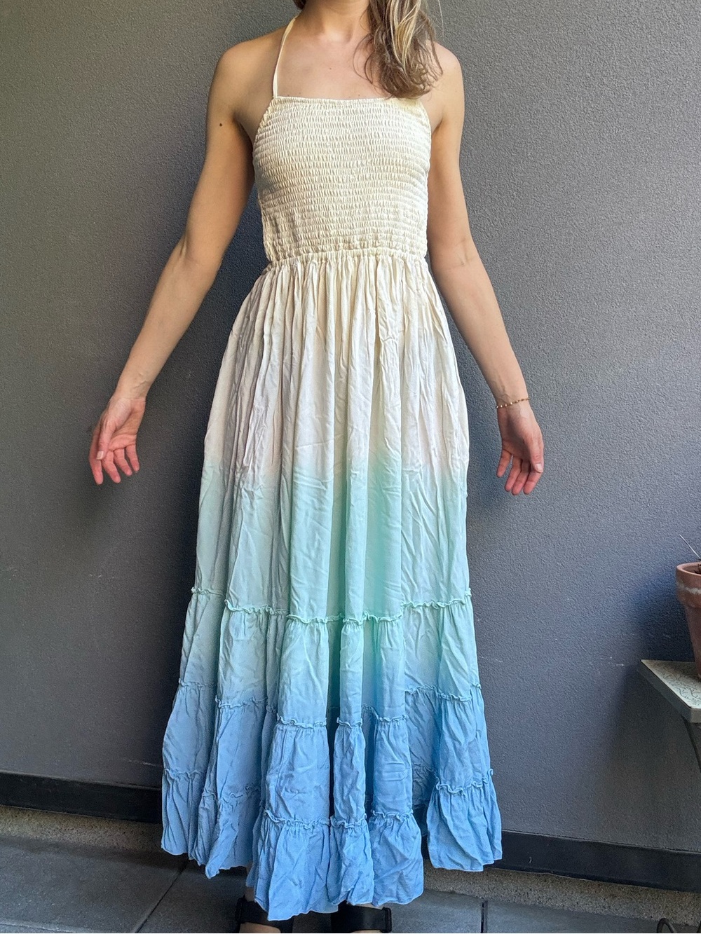 Tiare Hawaii Ombre Smocked Halter Maxi Dress - Cream to Blue - OS